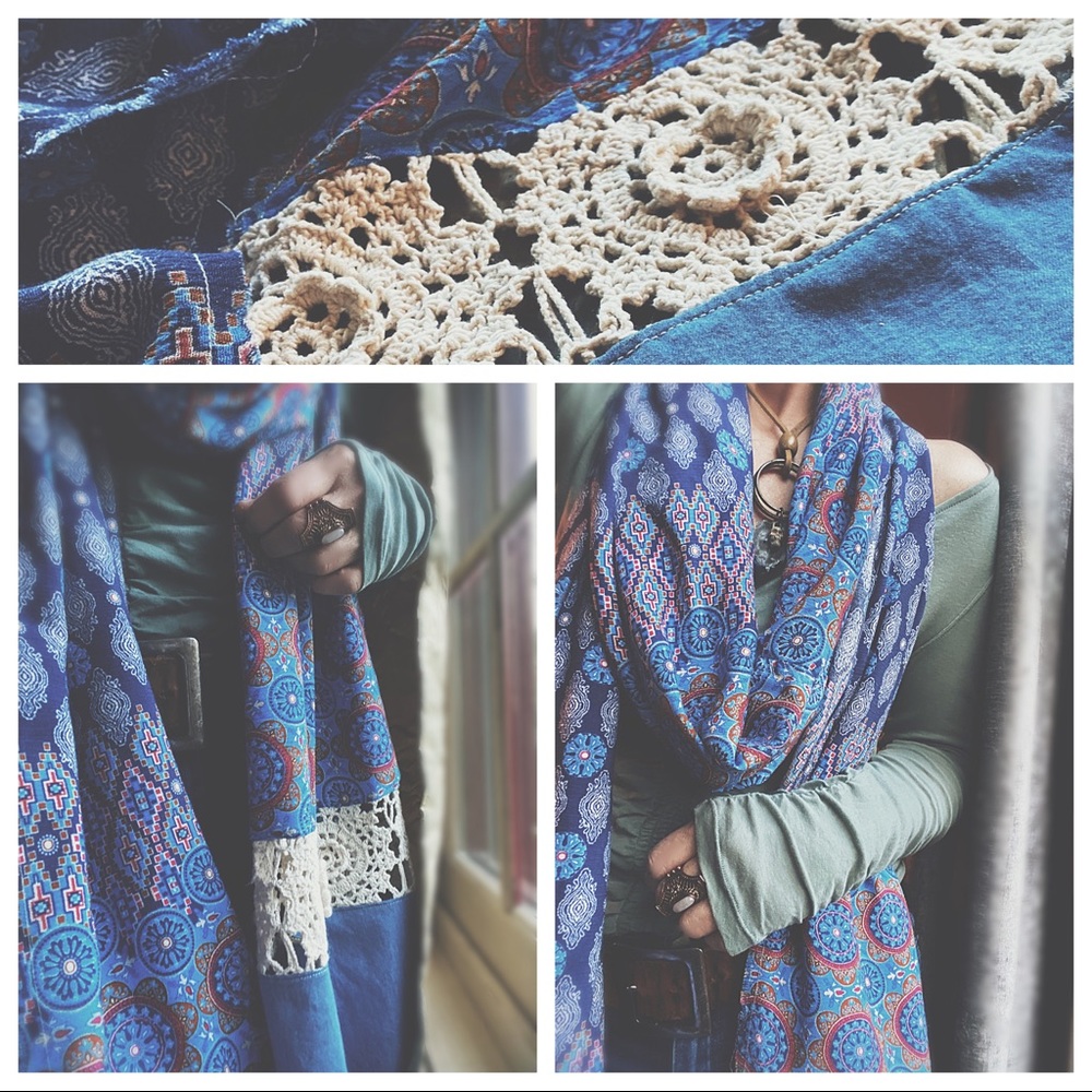 OOAK Artisan Denim Flair Raw Hem Wrap - 134” Long Aztec Medallion Scarf - Picture 3 of 16